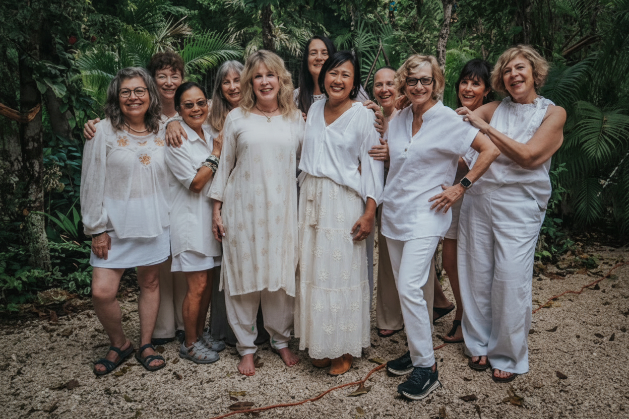 Makara Yoga Shala group in white, forest setting