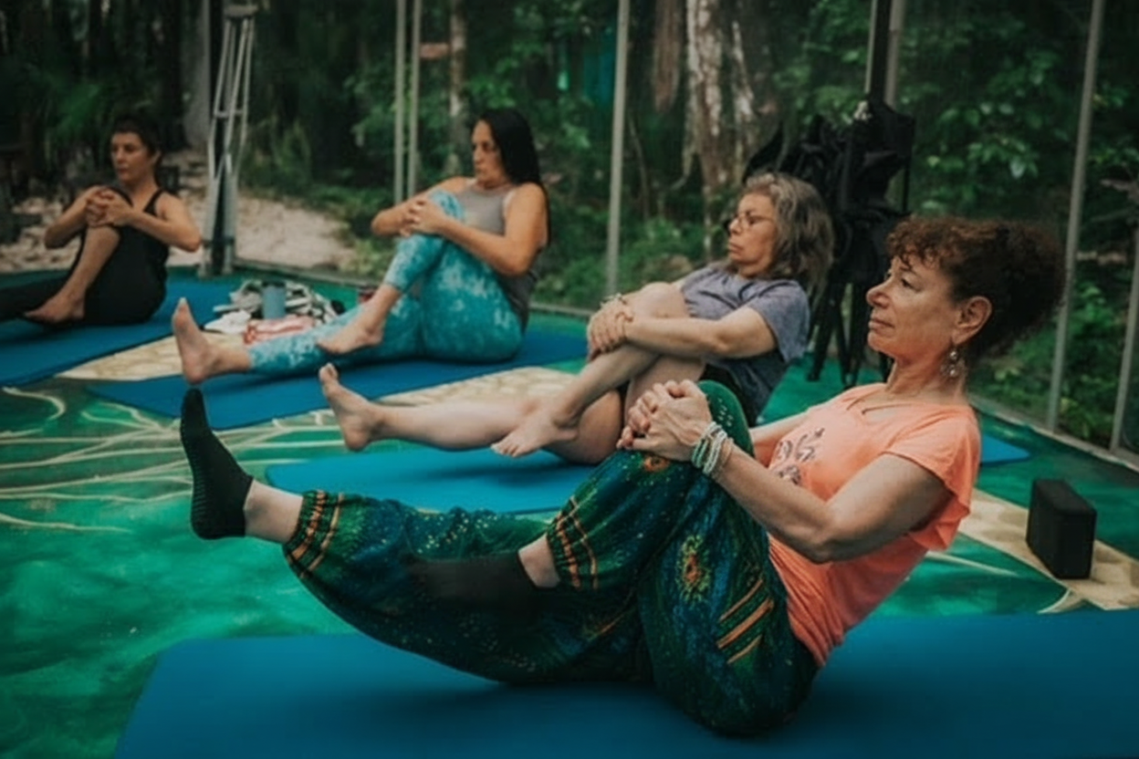 Yoga class practicing outdoors in nature